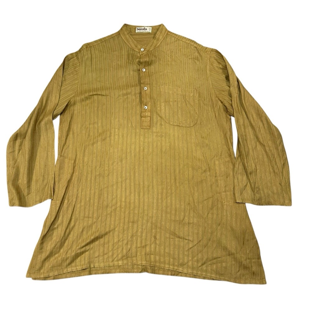 Fabindia Shirt Men's 42 Yellow‎ Cotton 1/2 Button Pullover Long Sleeve Striped